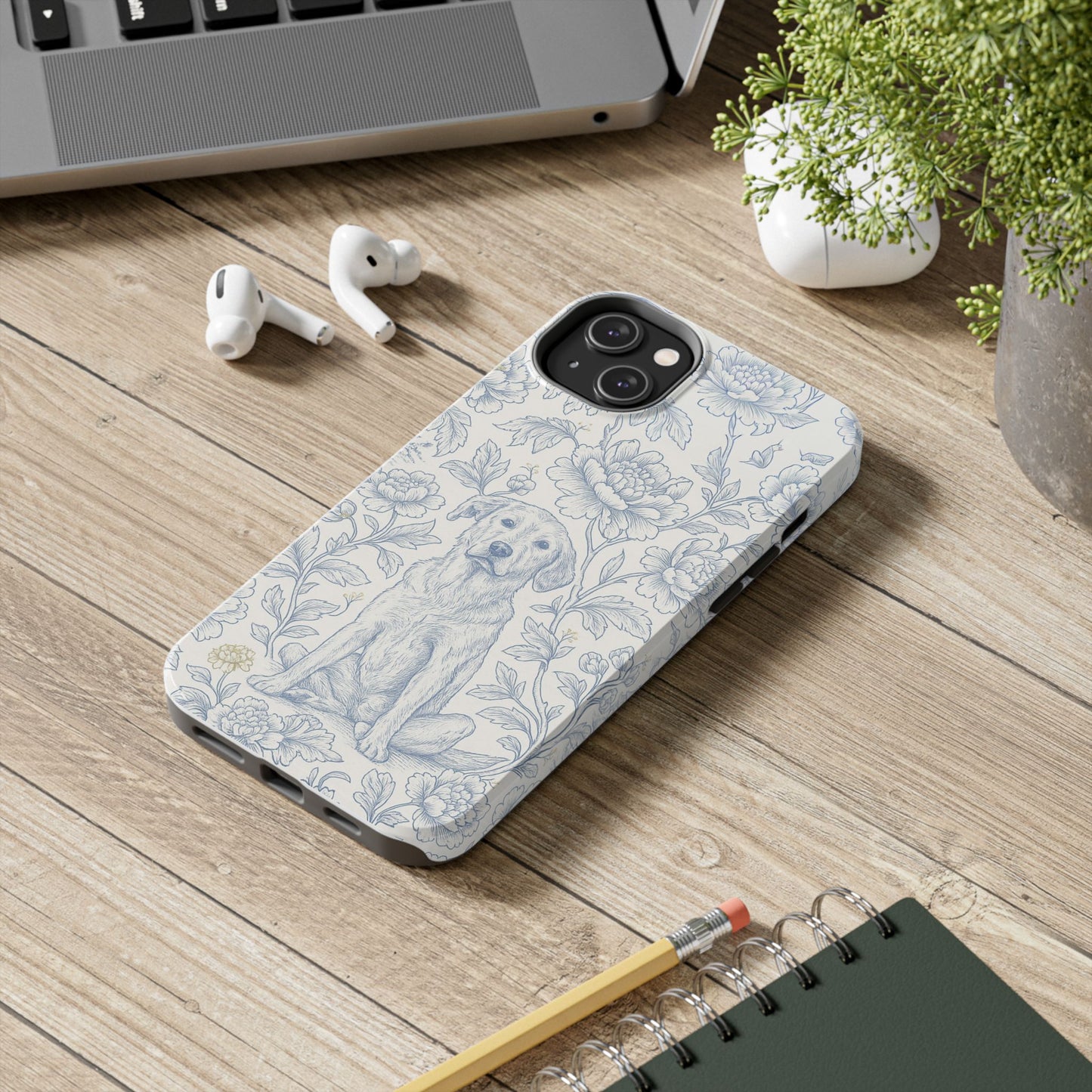 Phone Case - Custom Chinoiserie Dog Artwork in Blue and White