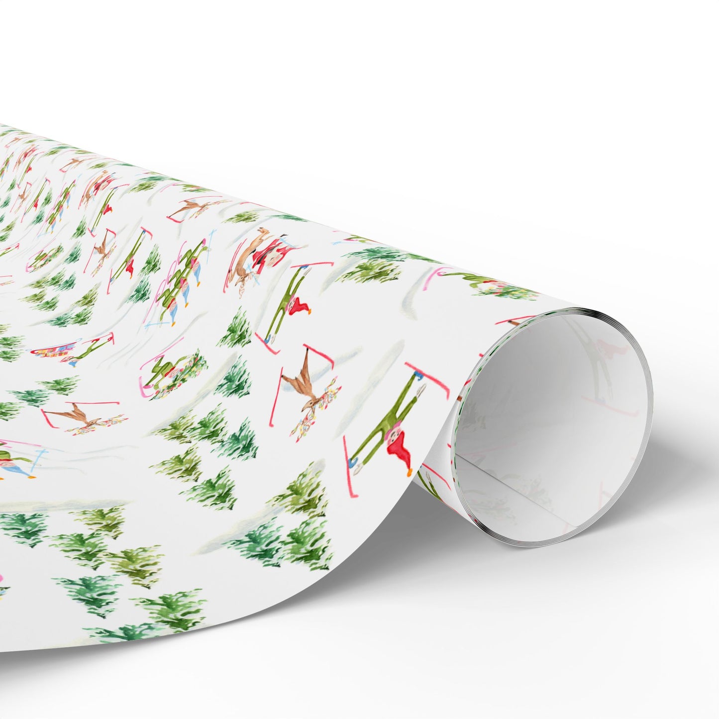 Christmas Wrapping Paper - Watercolor Santa's Chalet and Skiing Elves