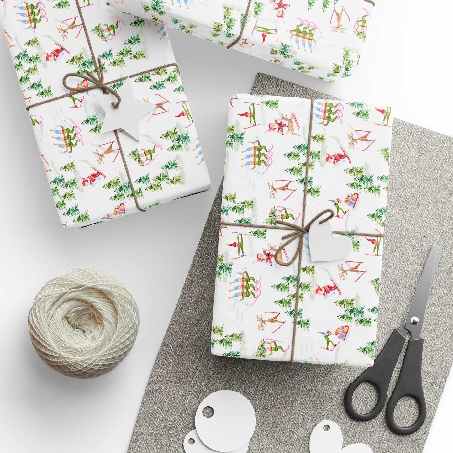 Christmas Wrapping Paper - Watercolor Santa's Chalet and Skiing Elves