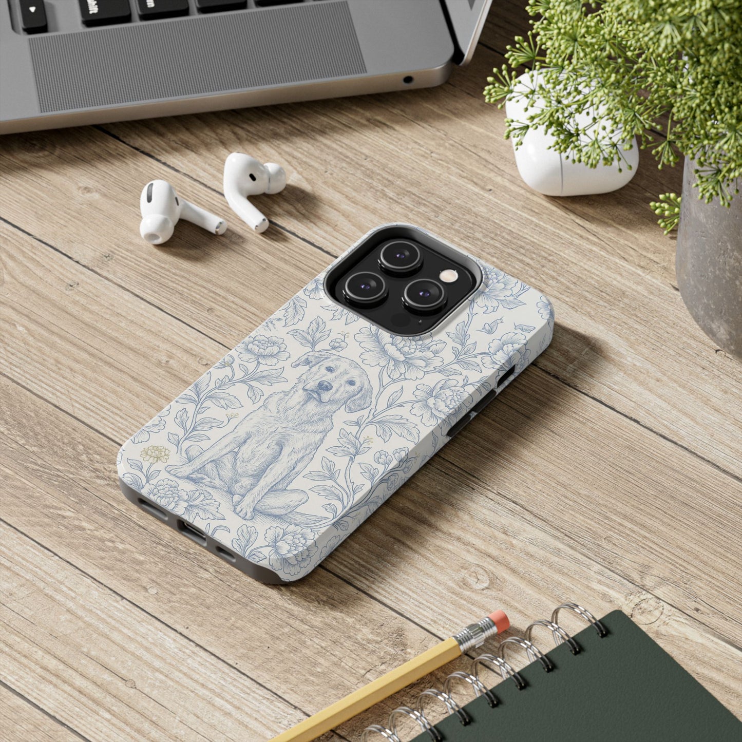 Phone Case - Custom Chinoiserie Dog Artwork in Blue and White