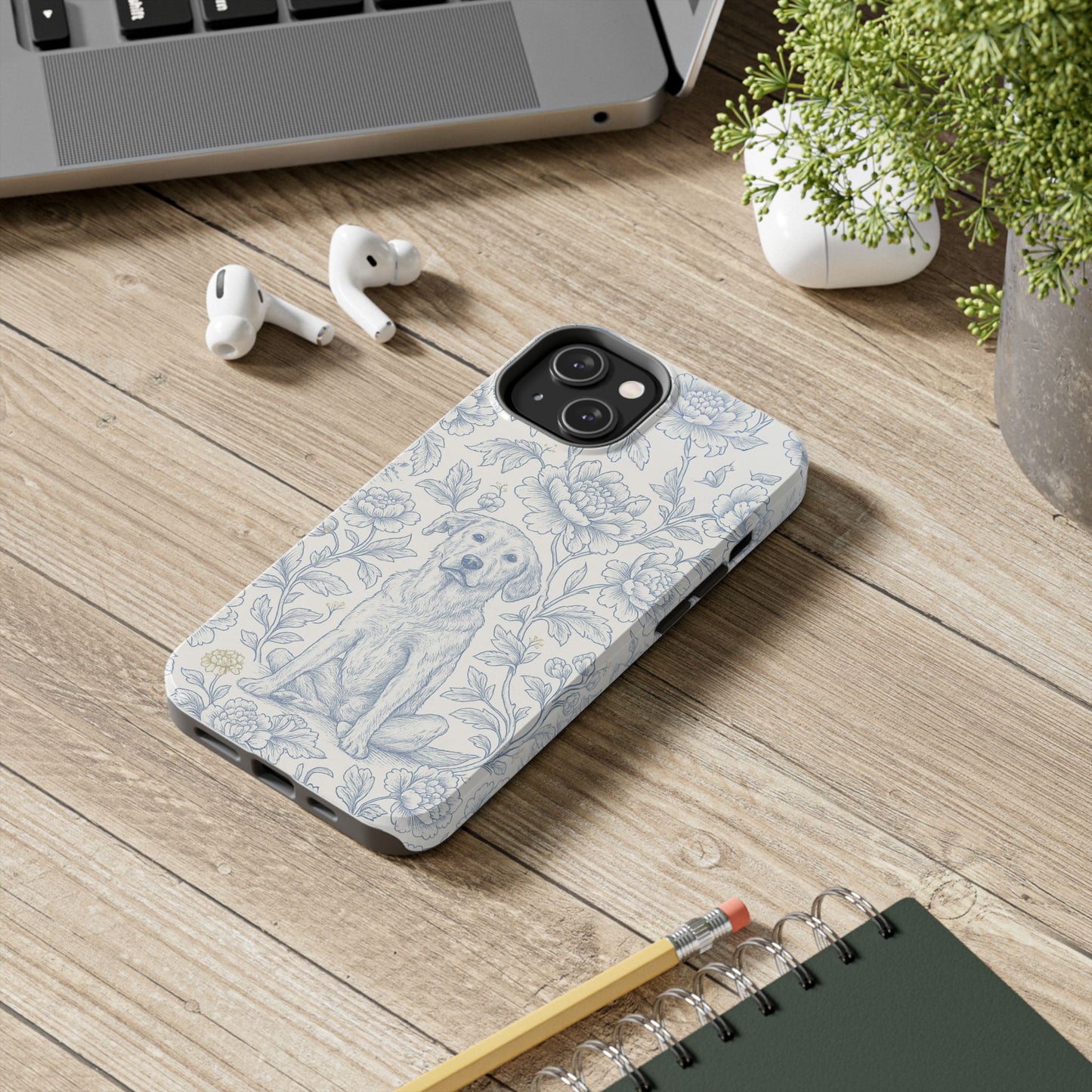 Phone Case - Custom Chinoiserie Dog Artwork in Blue and White