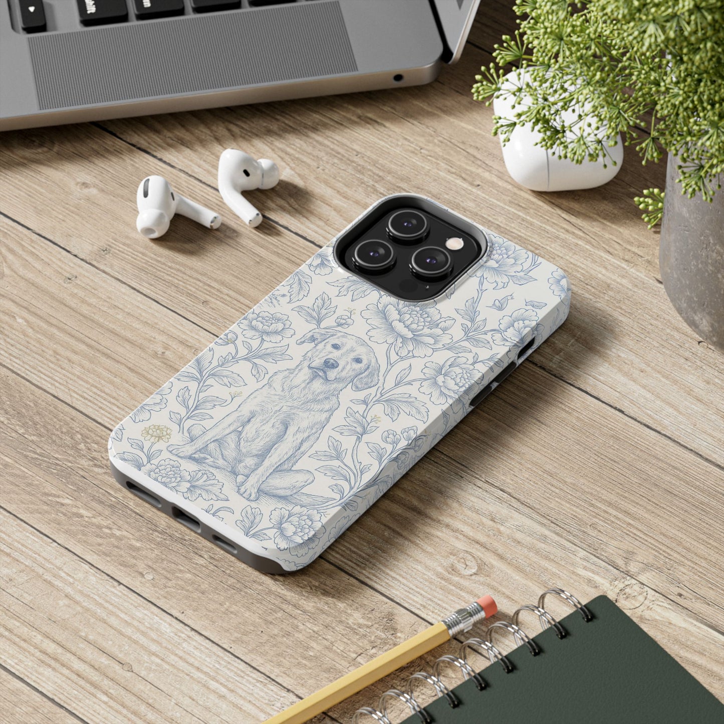 Phone Case - Custom Chinoiserie Dog Artwork in Blue and White