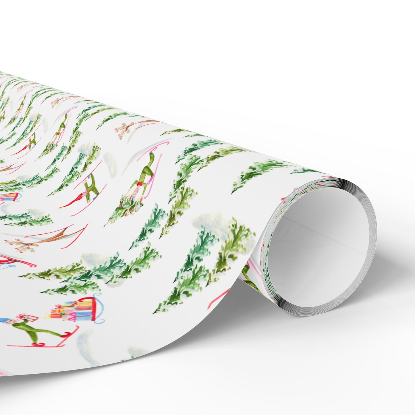 Christmas Wrapping Paper - Watercolor Santa's Chalet and Skiing Elves