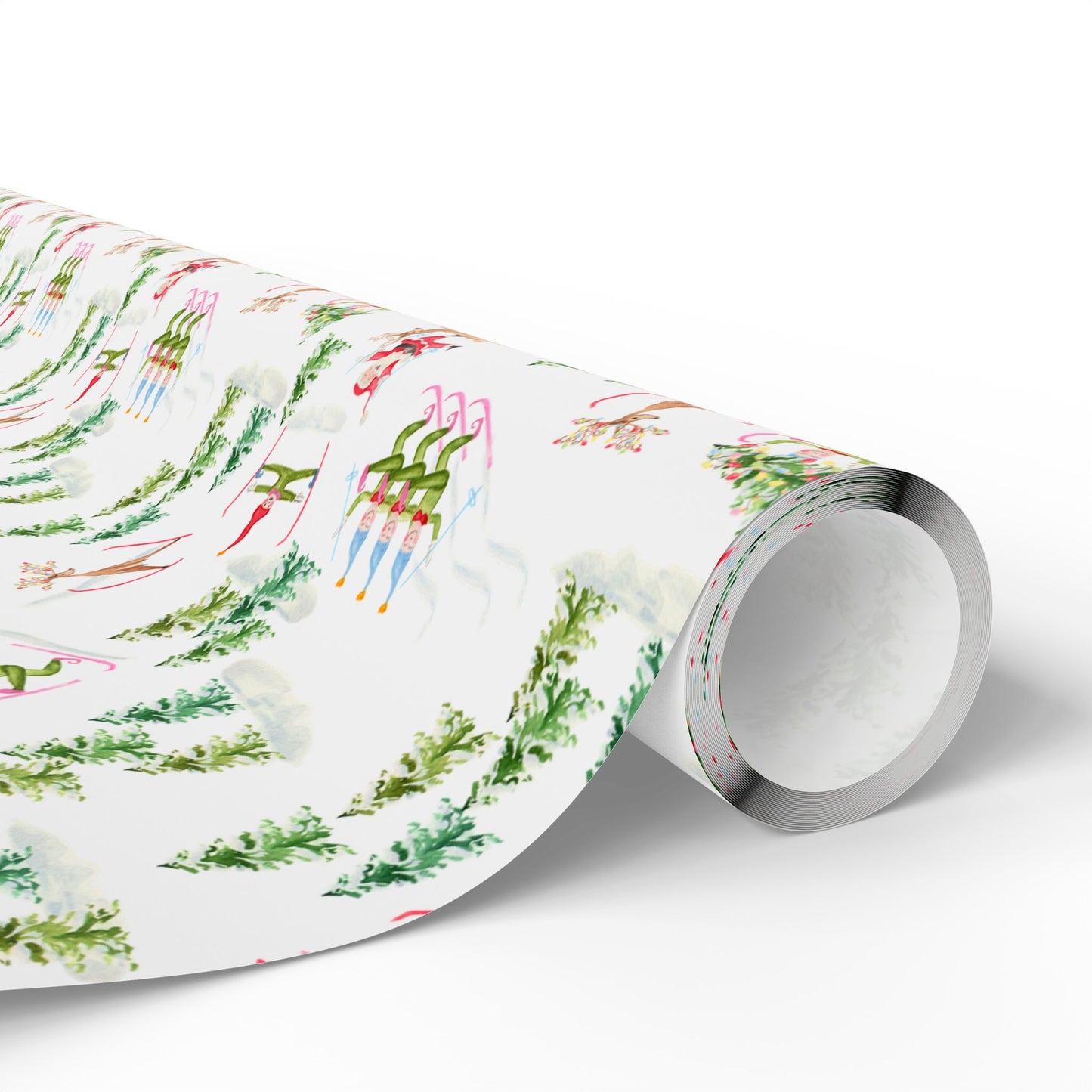 Christmas Wrapping Paper - Watercolor Santa's Chalet and Skiing Elves