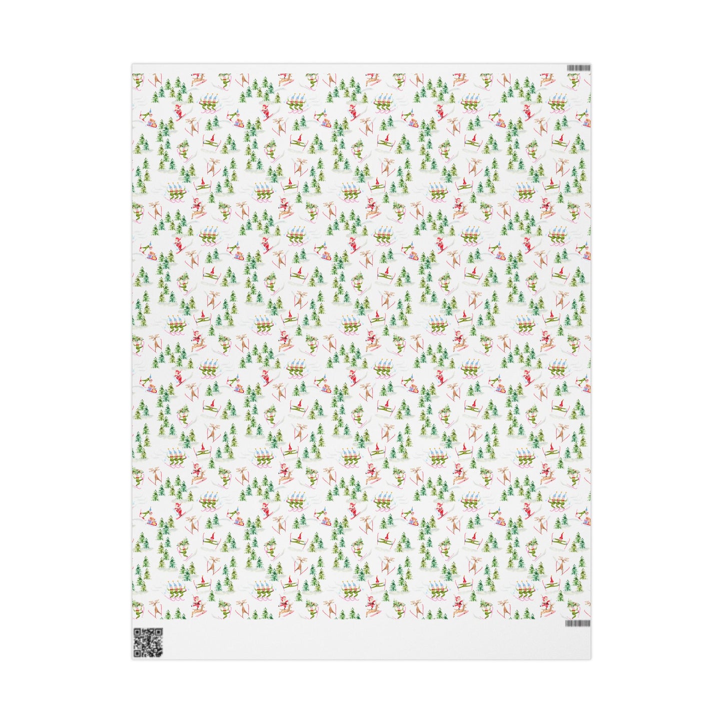 Christmas Wrapping Paper - Watercolor Santa's Chalet and Skiing Elves