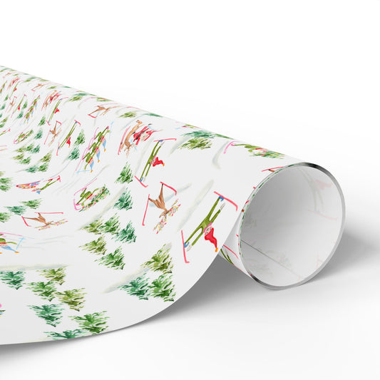 Christmas Wrapping Paper - Watercolor Santa's Chalet and Skiing Elves