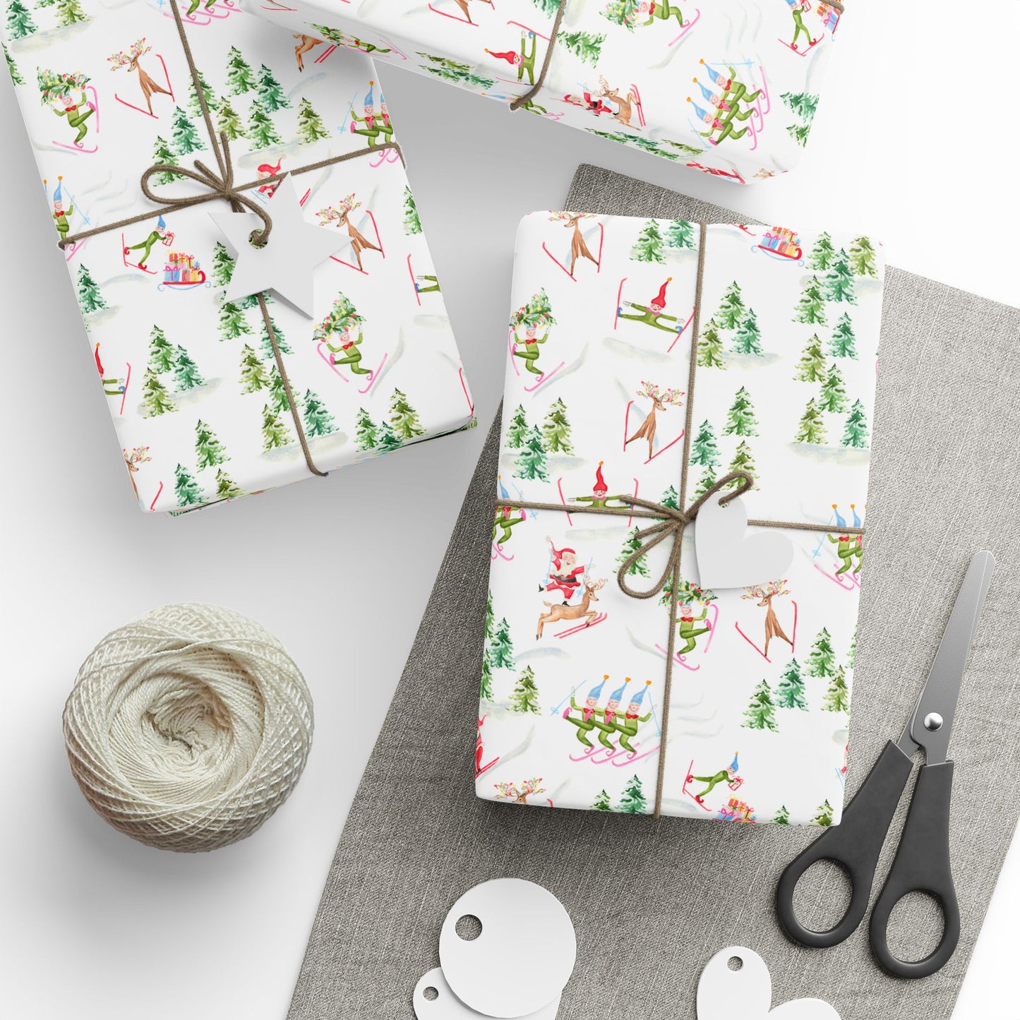 Christmas Wrapping Paper - Watercolor Santa's Chalet and Skiing Elves