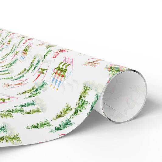 Christmas Wrapping Paper - Watercolor Santa's Chalet and Skiing Elves