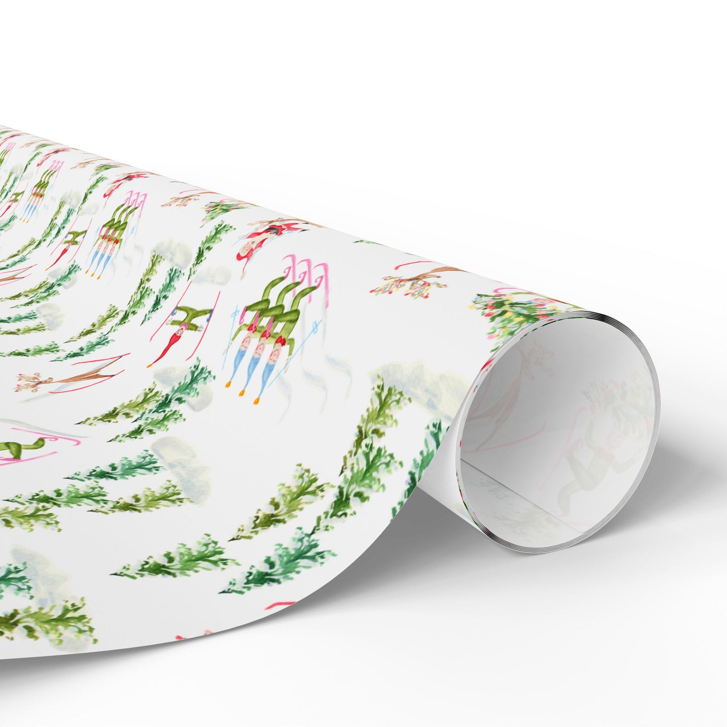 Christmas Wrapping Paper - Watercolor Santa's Chalet and Skiing Elves