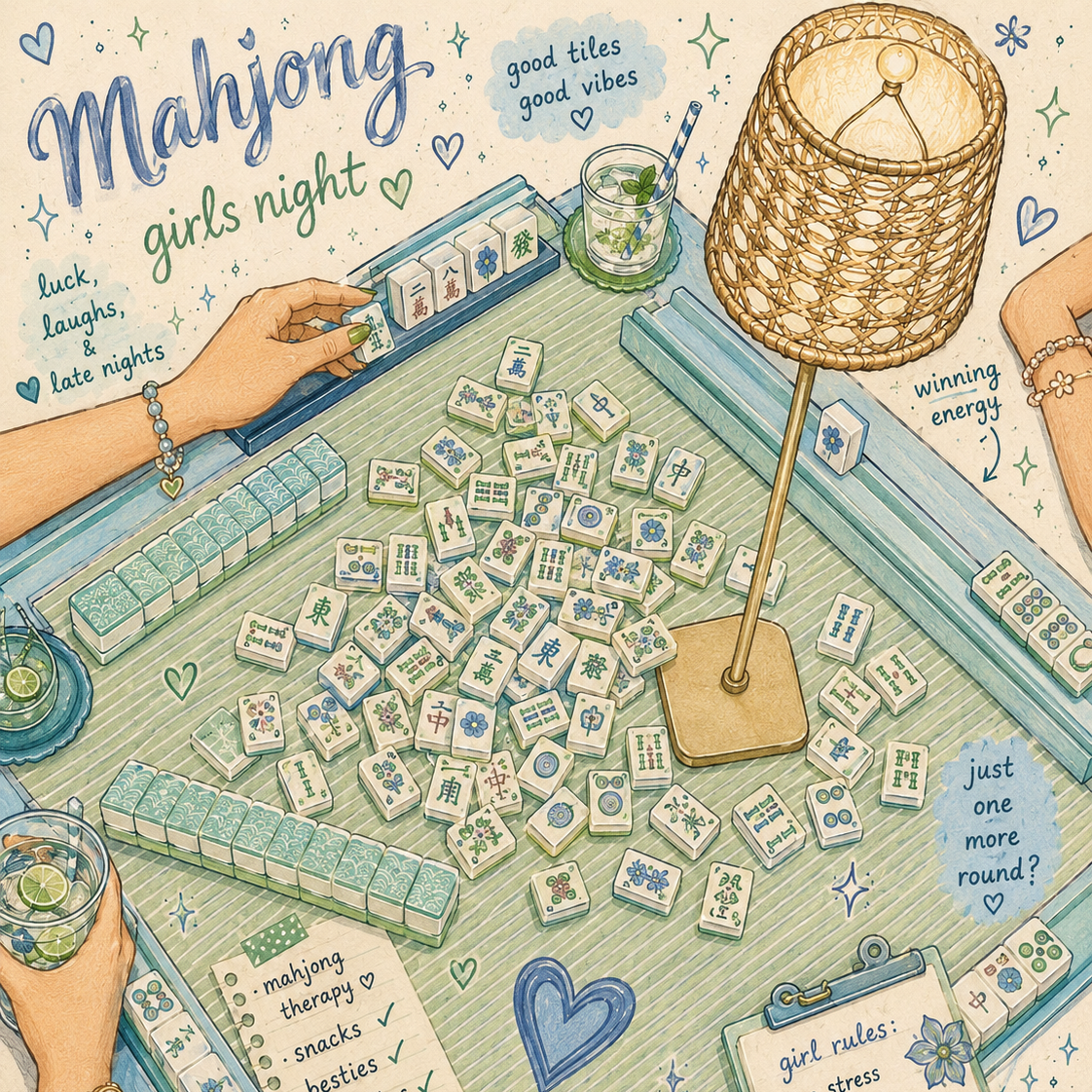 Illustration of a mahjong game with players and decorative elements on a table.