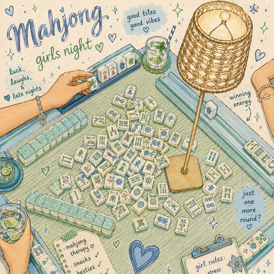 Illustration of a mahjong game with players and decorative elements on a table.